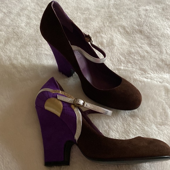 EUC MARC JACOBS Brown & Purple Mary Jane Color Block Metallic Accents Sz 37 1/2 - Picture 11 of 16